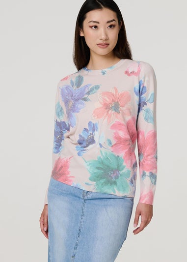 Izabel London Beige Floral Diamante Detail Long Sleeve Jumper