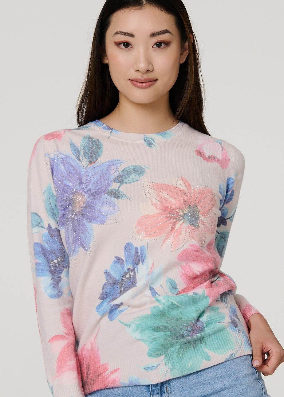 Izabel London Beige Floral Diamante Detail Long Sleeve Jumper
