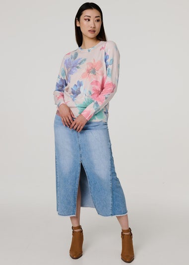 Izabel London Beige Floral Diamante Detail Long Sleeve Jumper