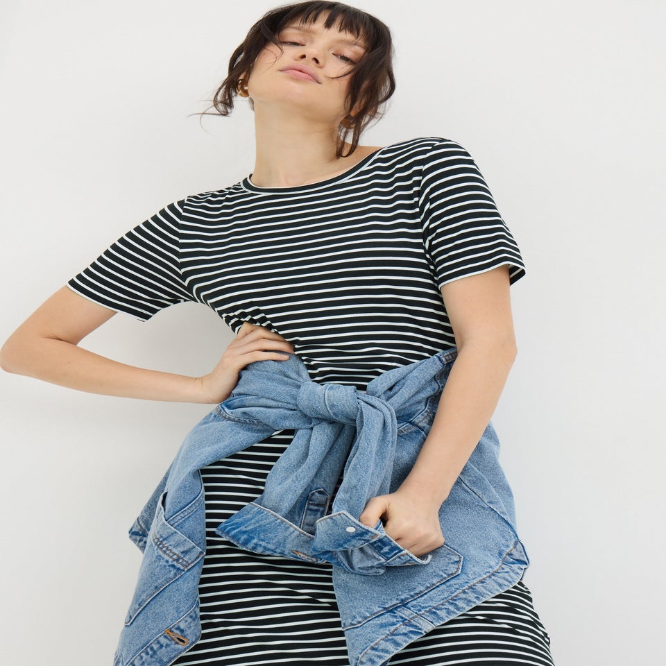 Black Mono Stripe T-Shirt Midi Dress