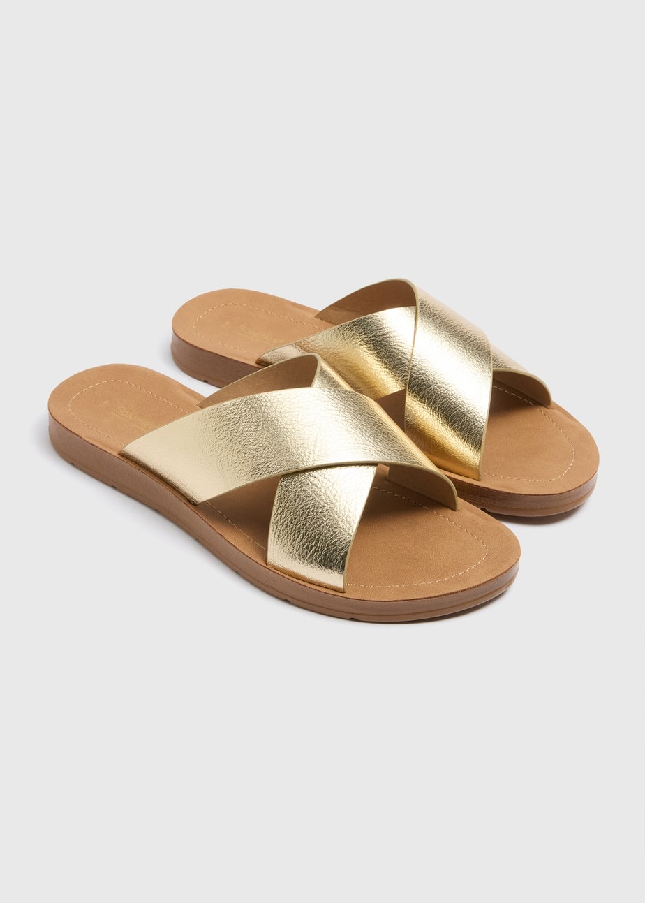 Gold Faux Leather Cross Strap Sandals
