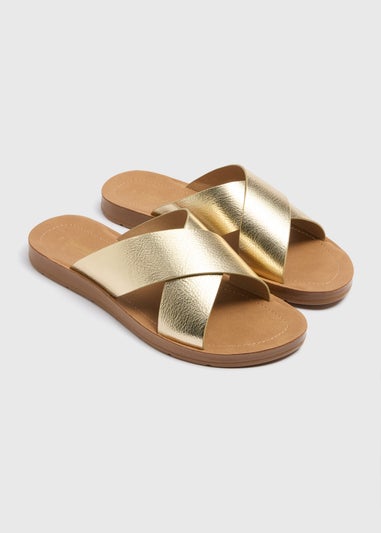 Gold Faux Leather Cross Strap Sandals