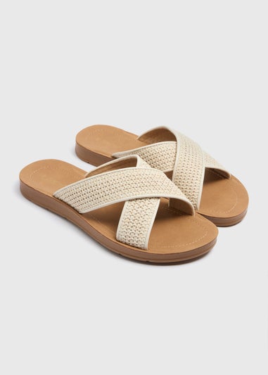 Soleflex Stone Raffia Cross Strap Slider Sandals