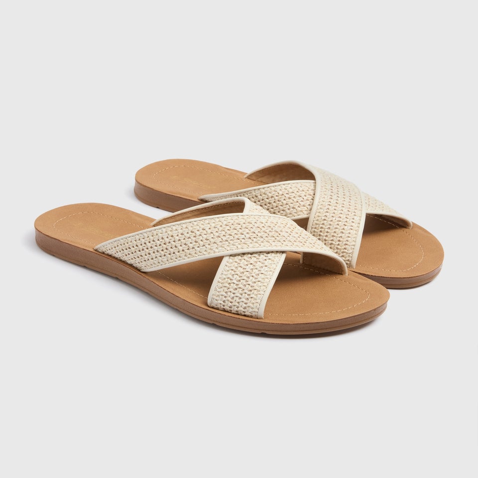 Soleflex Stone Raffia Cross Strap Slider Sandals