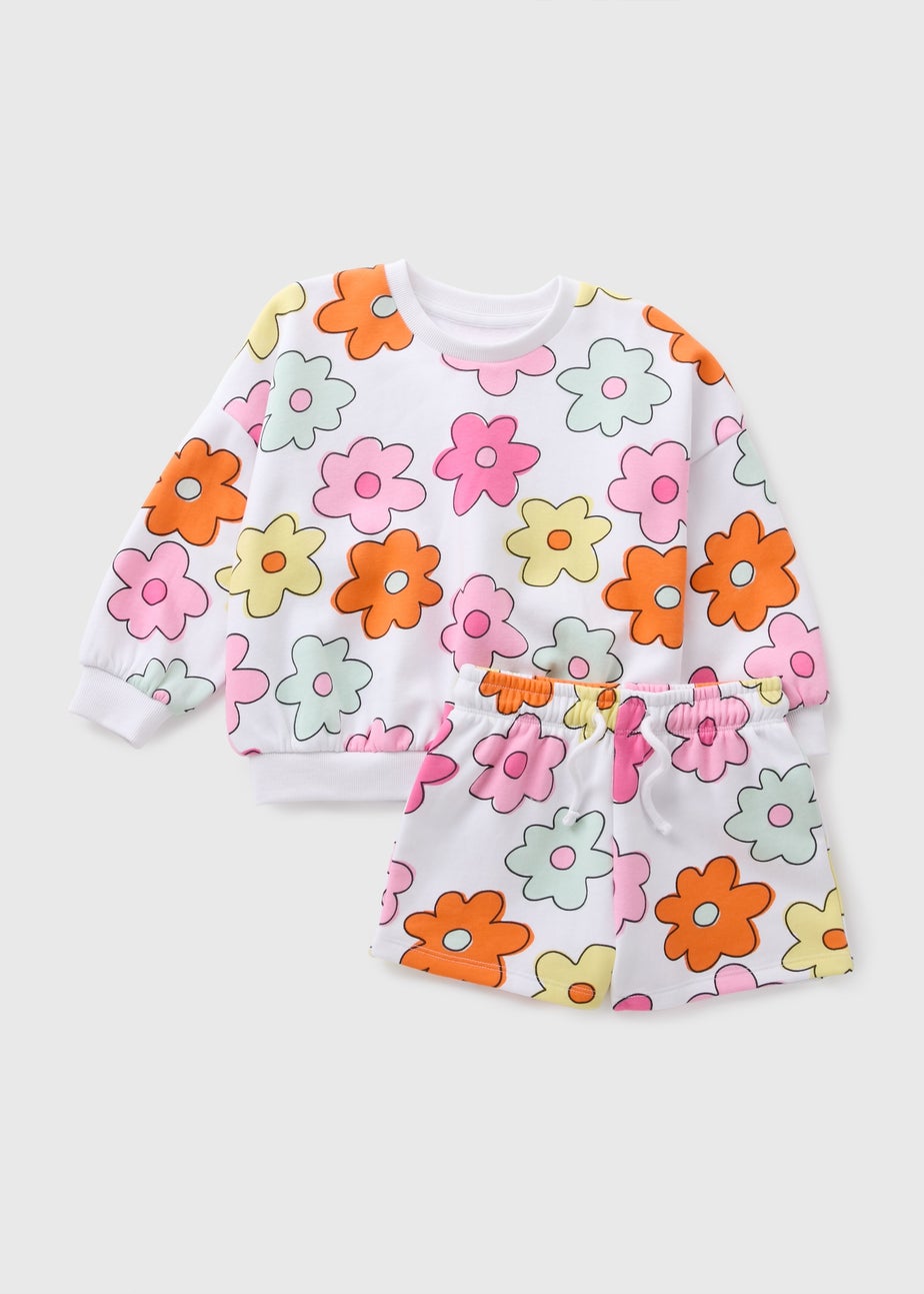 Girls White Floral Sweatshirt & Shorts Set (1-7yrs)