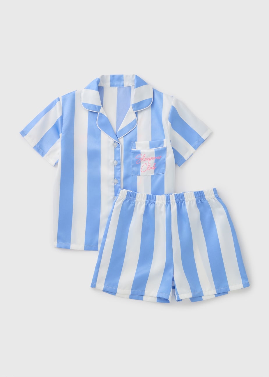 Girls Blue Stripe Satin Pyjama Set (4-12yrs)