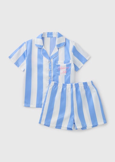 Girls Blue Stripe Satin Pyjama Set (4-12yrs)