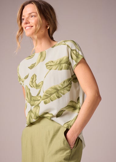 Et Vous Cream Leaf Print Jersey Back T-Shirt