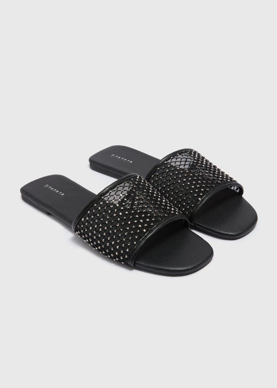 Black Diamante Mule Sliders