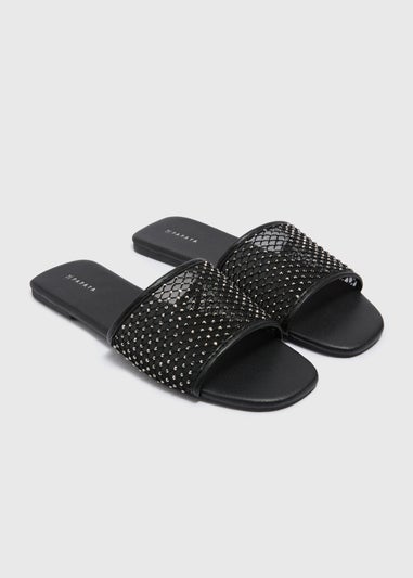 Black Diamante Mule Sliders