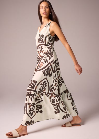 Brown Abstract Leaf Pattern Tie Waist Maxi Dress