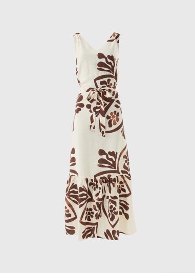 Brown Abstract Leaf Pattern Tie Waist Maxi Dress