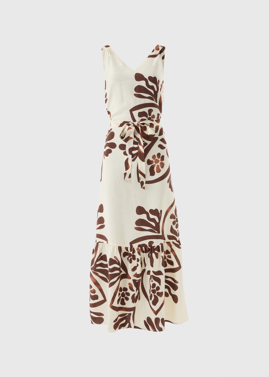 Brown Abstract Leaf Pattern Tie Waist Maxi Dress