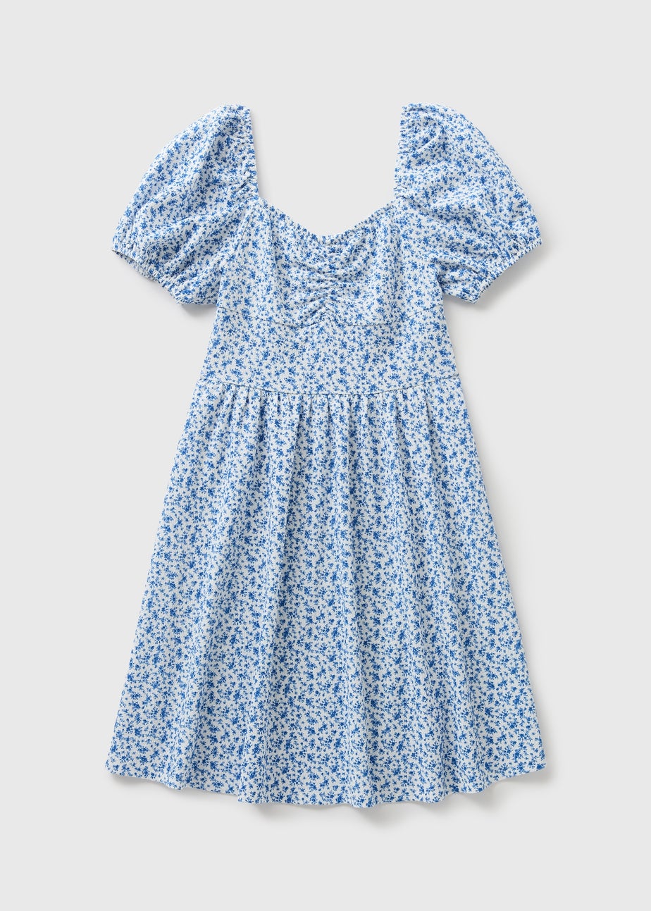 Girls Blue Floral Crinkle Dress (7-15yrs)
