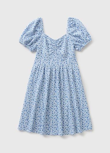Girls Blue Floral Crinkle Dress (7-15yrs)