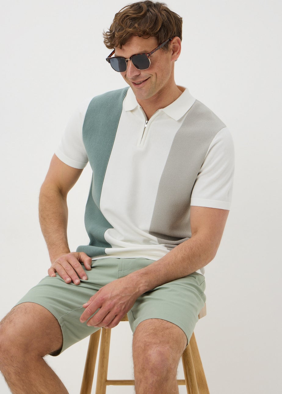 White Stripe Textured Zip Polo Shirt
