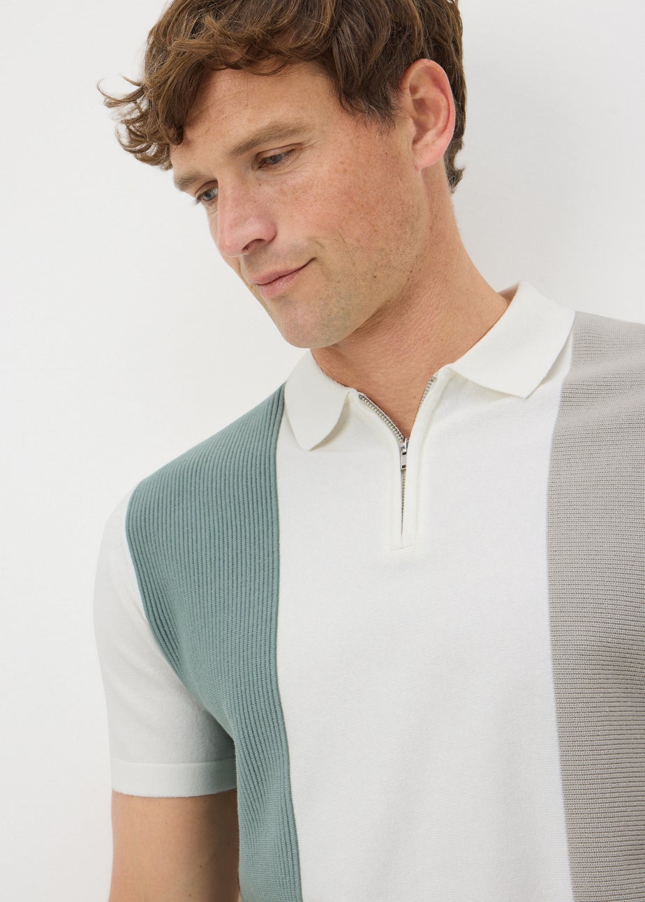 White Stripe Textured Zip Polo Shirt