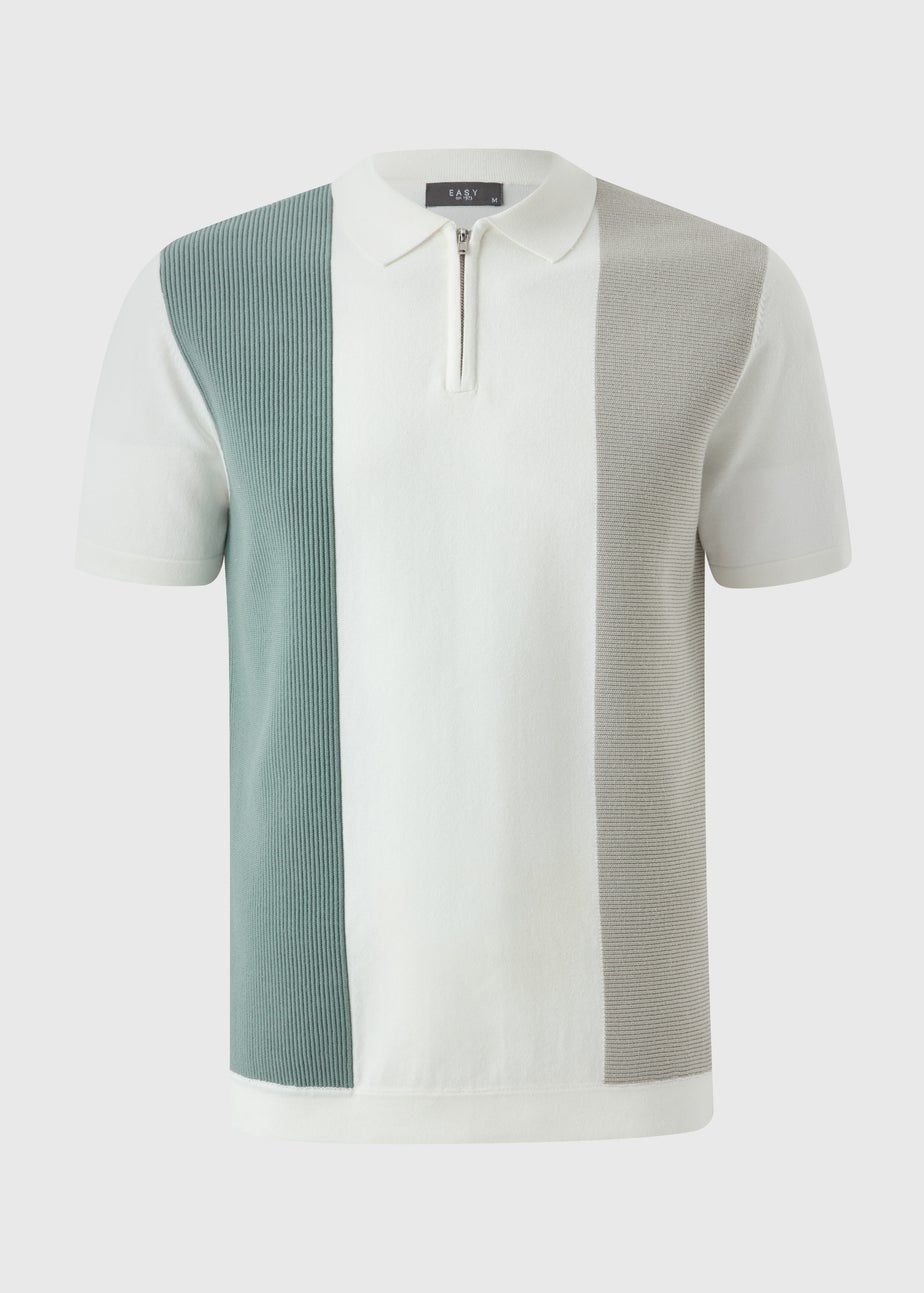 White Stripe Textured Zip Polo Shirt
