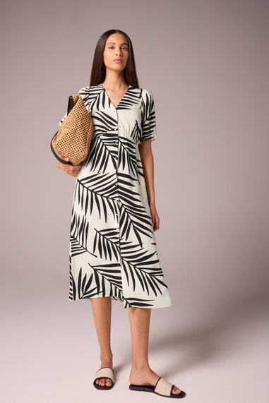 Et Vous White Monochrome Leaf Belted Midi Tea Dress
