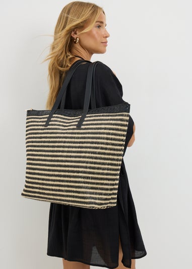 Black Striped Large Beach Bag