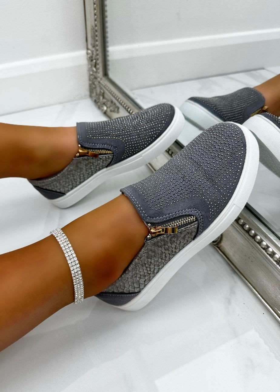 Love Lemonade Grey Crystal Suede Zip Pumps