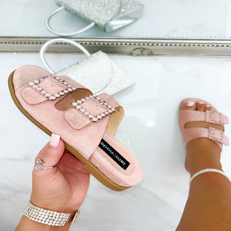 Love Lemonade Pink Crystal Boho Suede Double Buckle Sliders