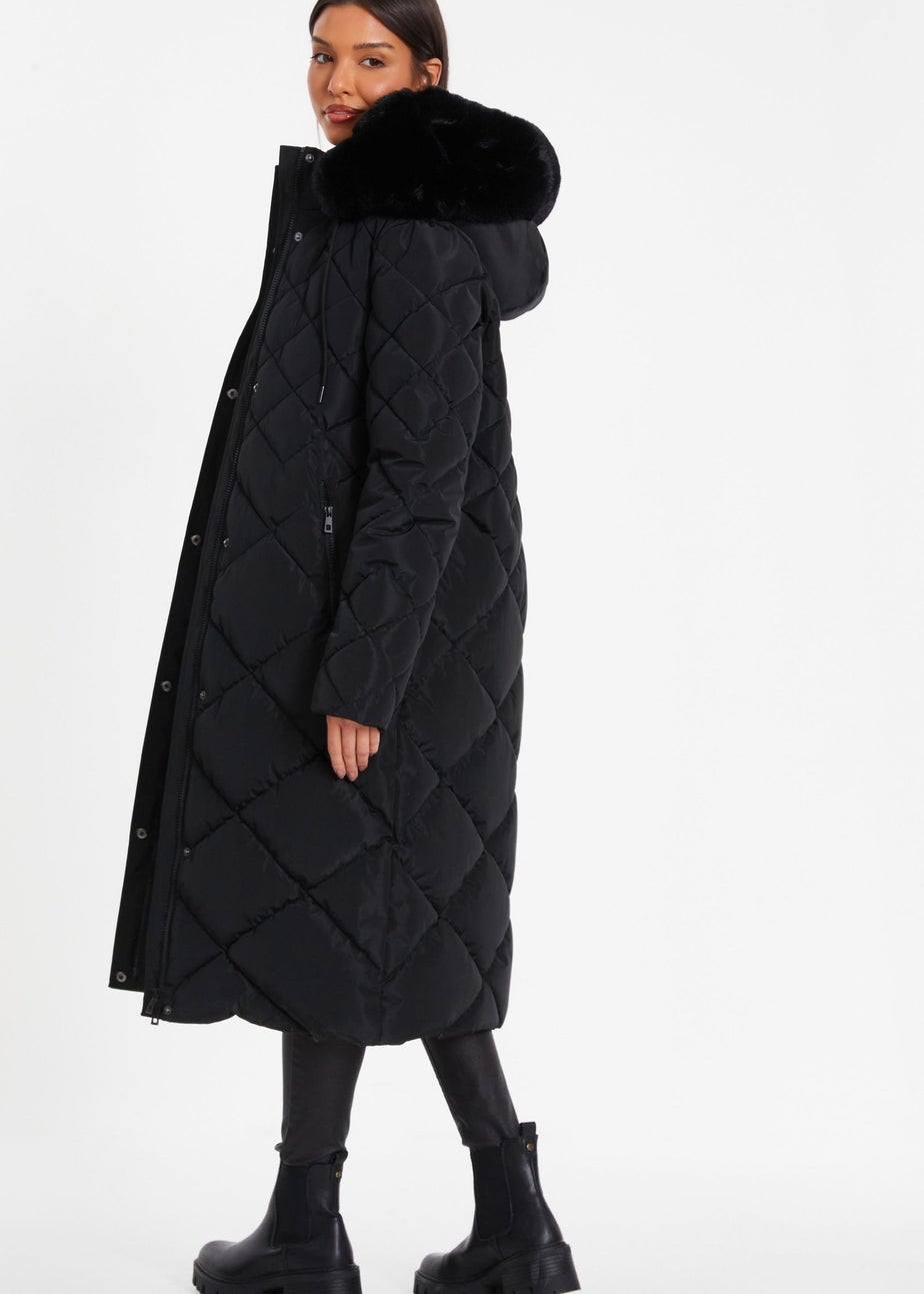 Quiz Black Petite Quilted Long Parka