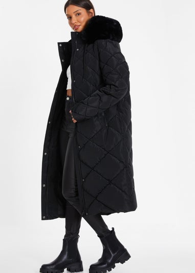 Quiz Black Petite Quilted Long Parka