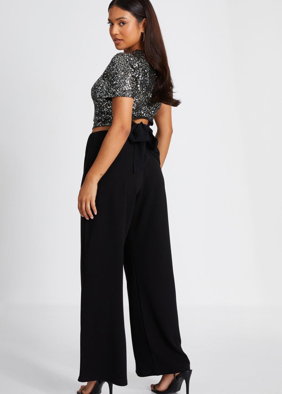 Quiz Black Petite Diamante Button Palazzo Trousers