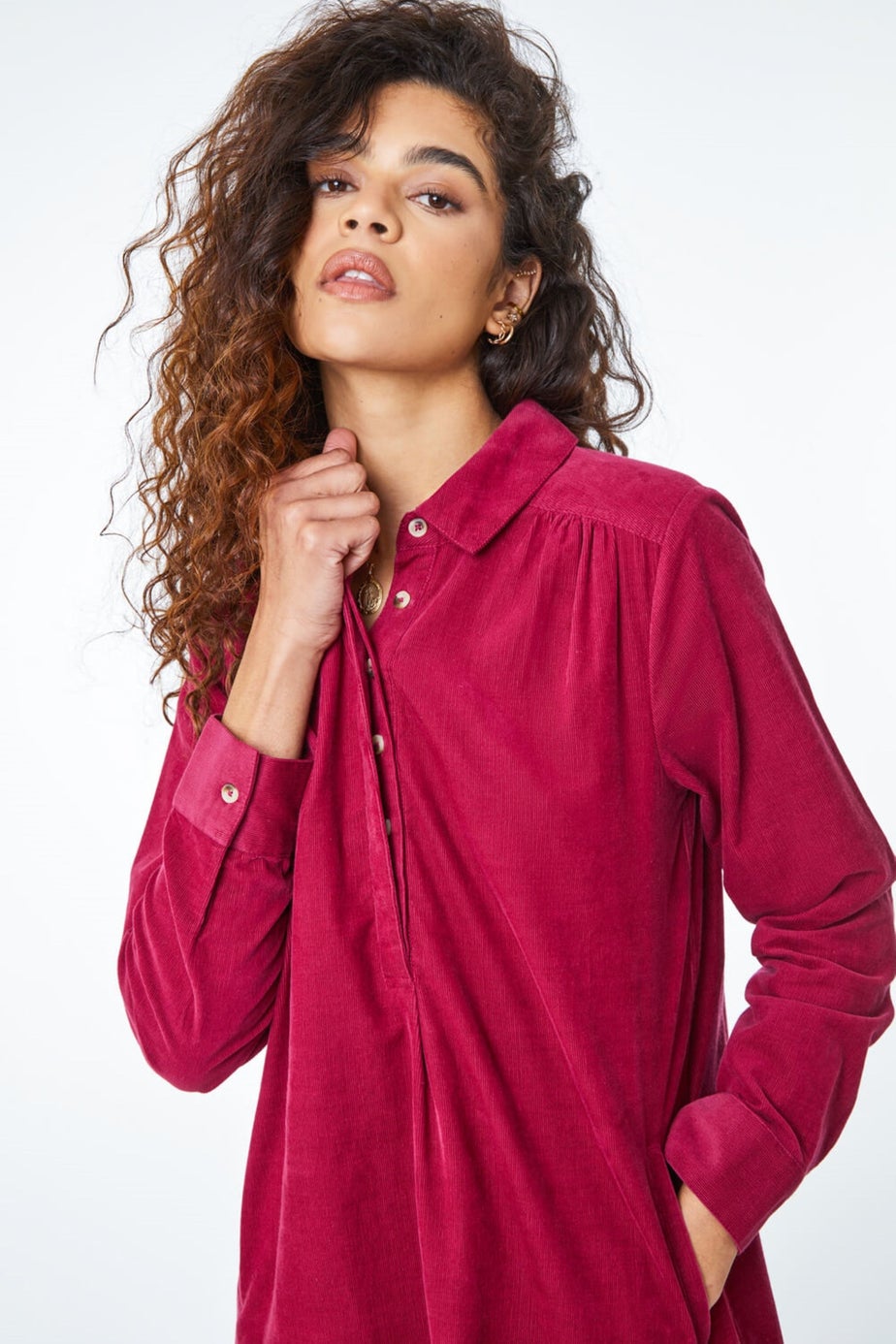 Roman Burgundy Corduroy Tunic Shirt Dress