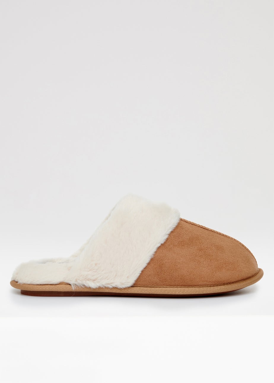 Threadbare Brown Denver Faux Suede Faux Fur Lined Mule Slippers