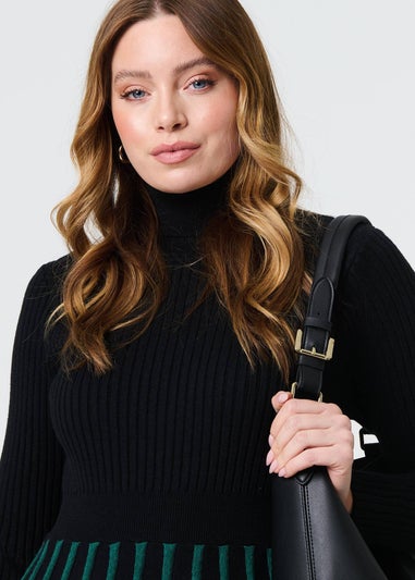 Izabel London Black Striped Knit Top High Neck Midi Dress