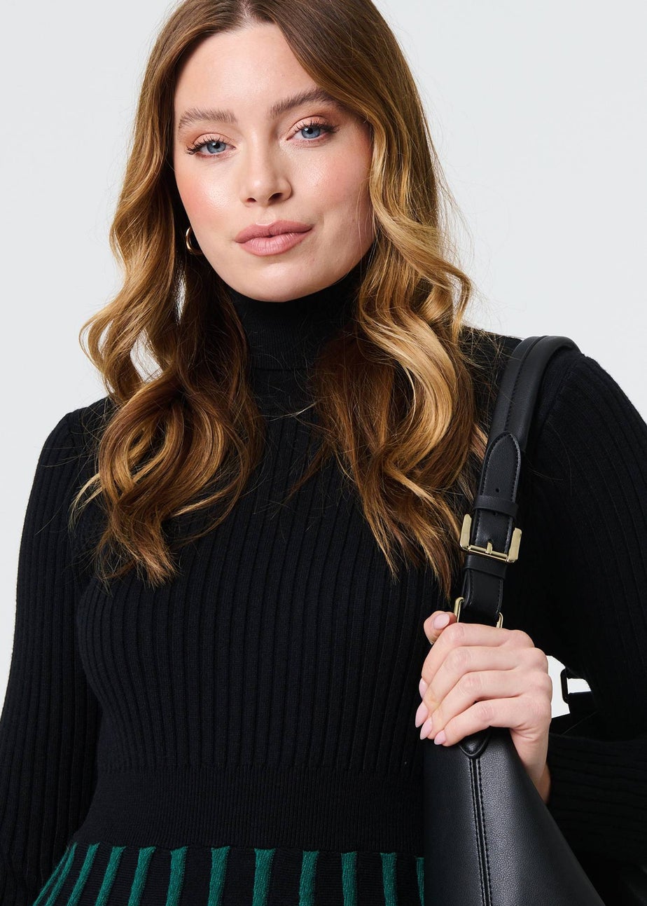 Izabel London Black Striped Knit Top High Neck Midi Dress