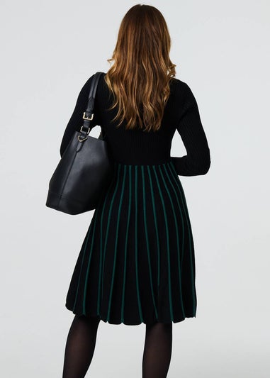 Izabel London Black Striped Knit Top High Neck Midi Dress