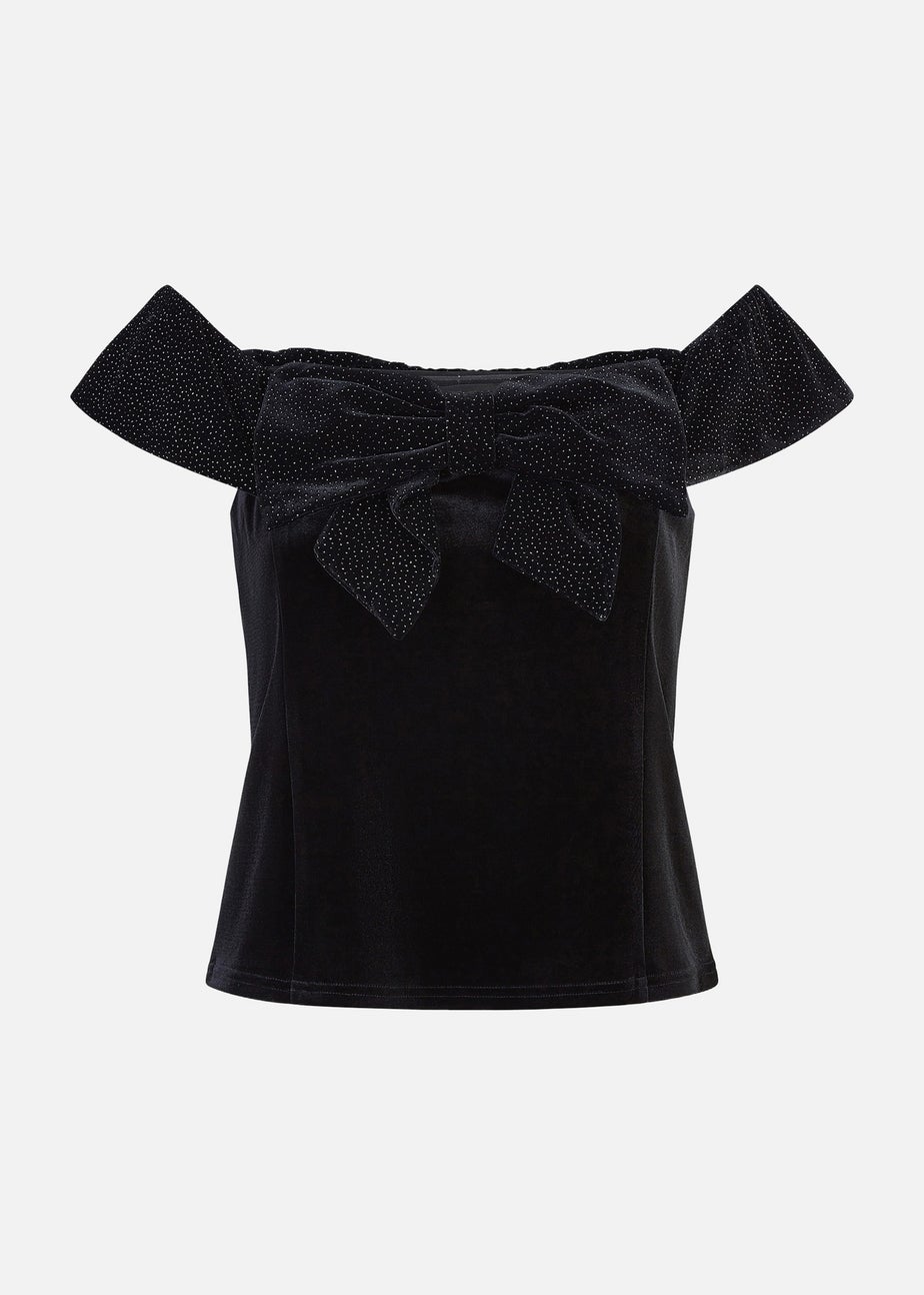Mela Black Sparkle Velvet Bow Bardot Top