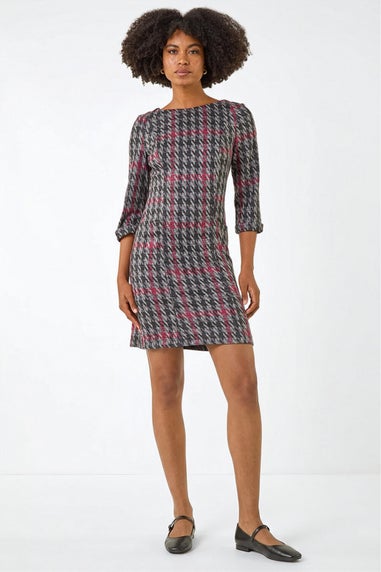 Roman Red Houndstooth Pocket Shift Stretch Dress