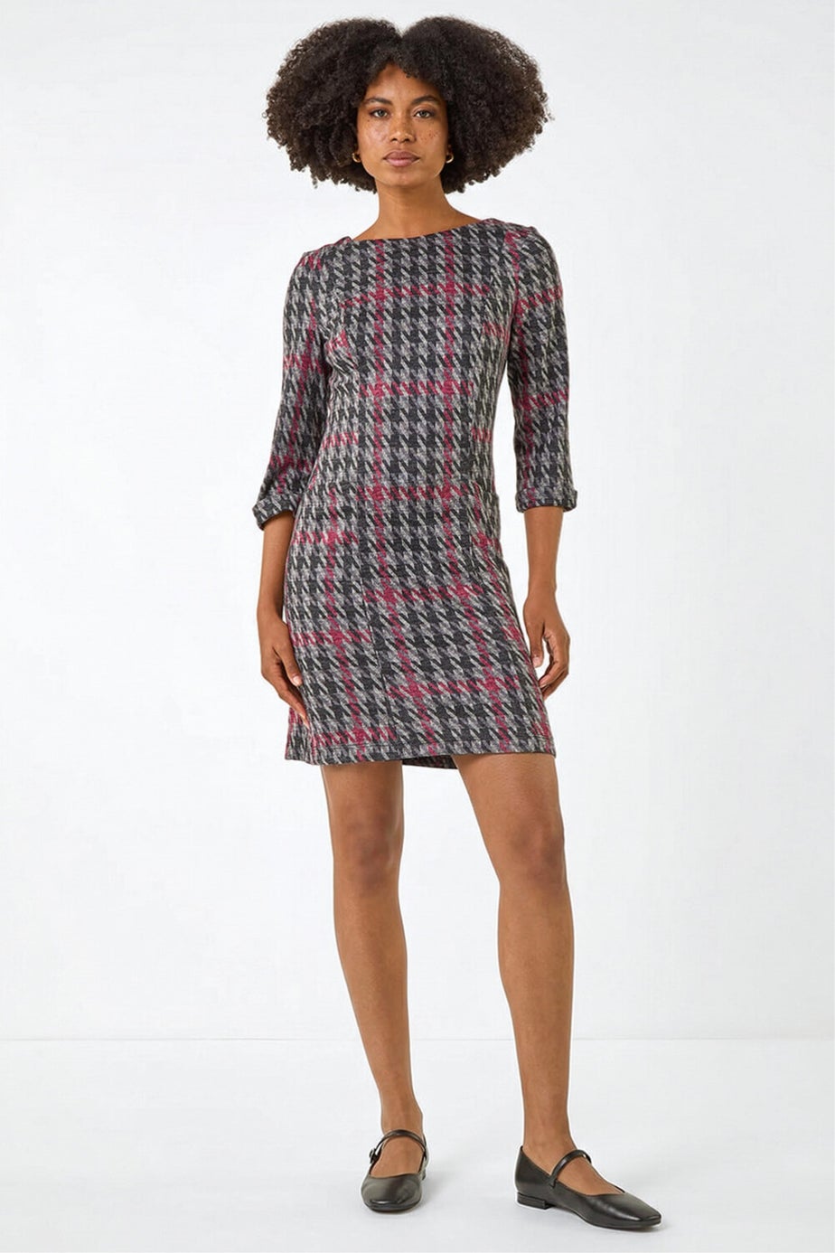 Roman Red Houndstooth Pocket Shift Stretch Dress