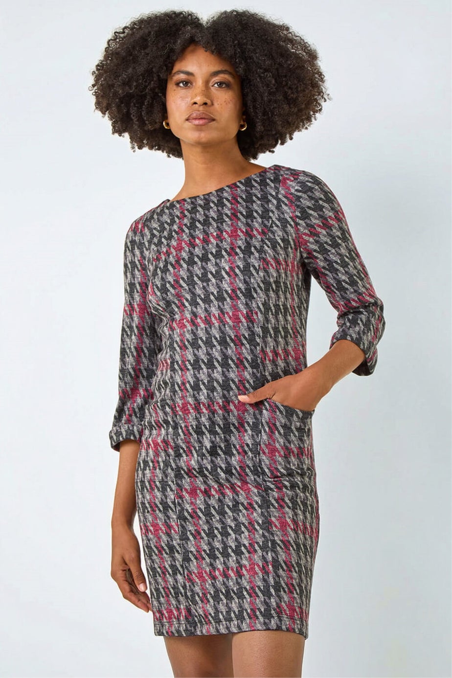 Roman Red Houndstooth Pocket Shift Stretch Dress