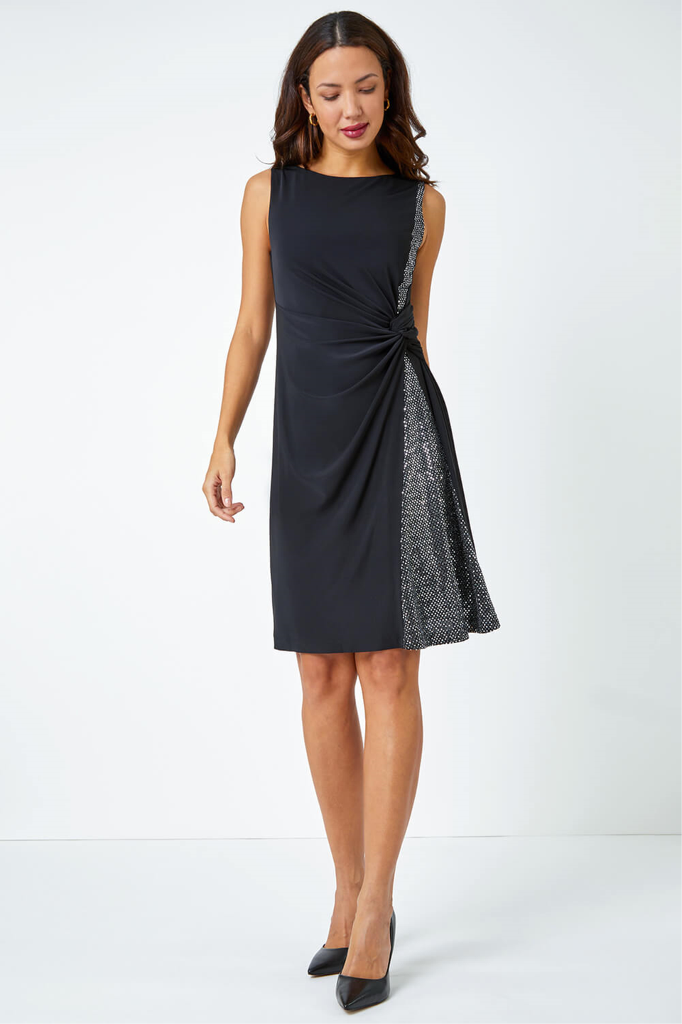 Roman Black Side Twist Sleeveless Glitter Dress
