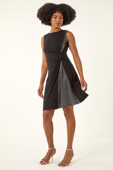 Roman Black Side Twist Sleeveless Glitter Dress