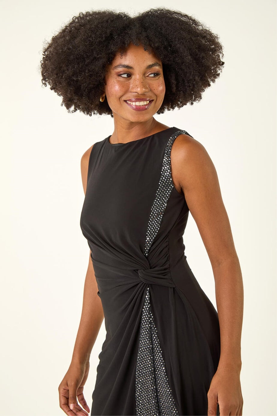 Roman Black Side Twist Sleeveless Glitter Dress