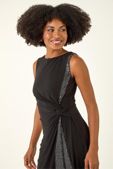 Roman Black Side Twist Sleeveless Glitter Dress