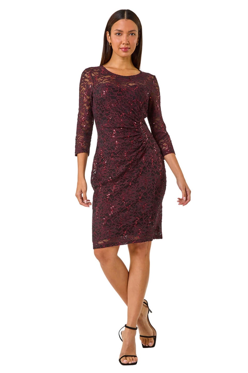Roman Burgundy Sequin Lace Ruched Stretch Dress
