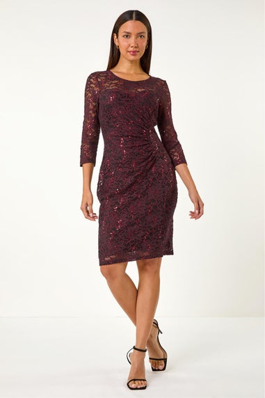 Roman Burgundy Sequin Lace Ruched Stretch Dress