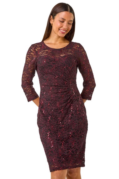 Roman Burgundy Sequin Lace Ruched Stretch Dress