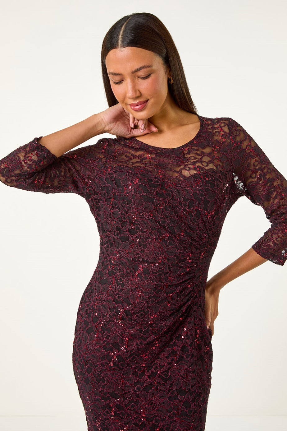 Roman Burgundy Sequin Lace Ruched Stretch Dress