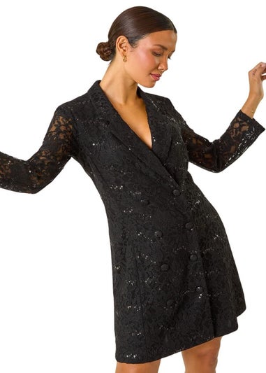 Roman Black Sequin Lace Blazer Dress