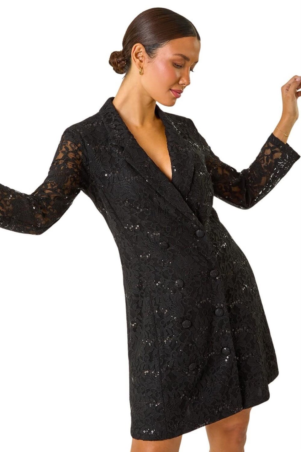 Roman Black Sequin Lace Blazer Dress