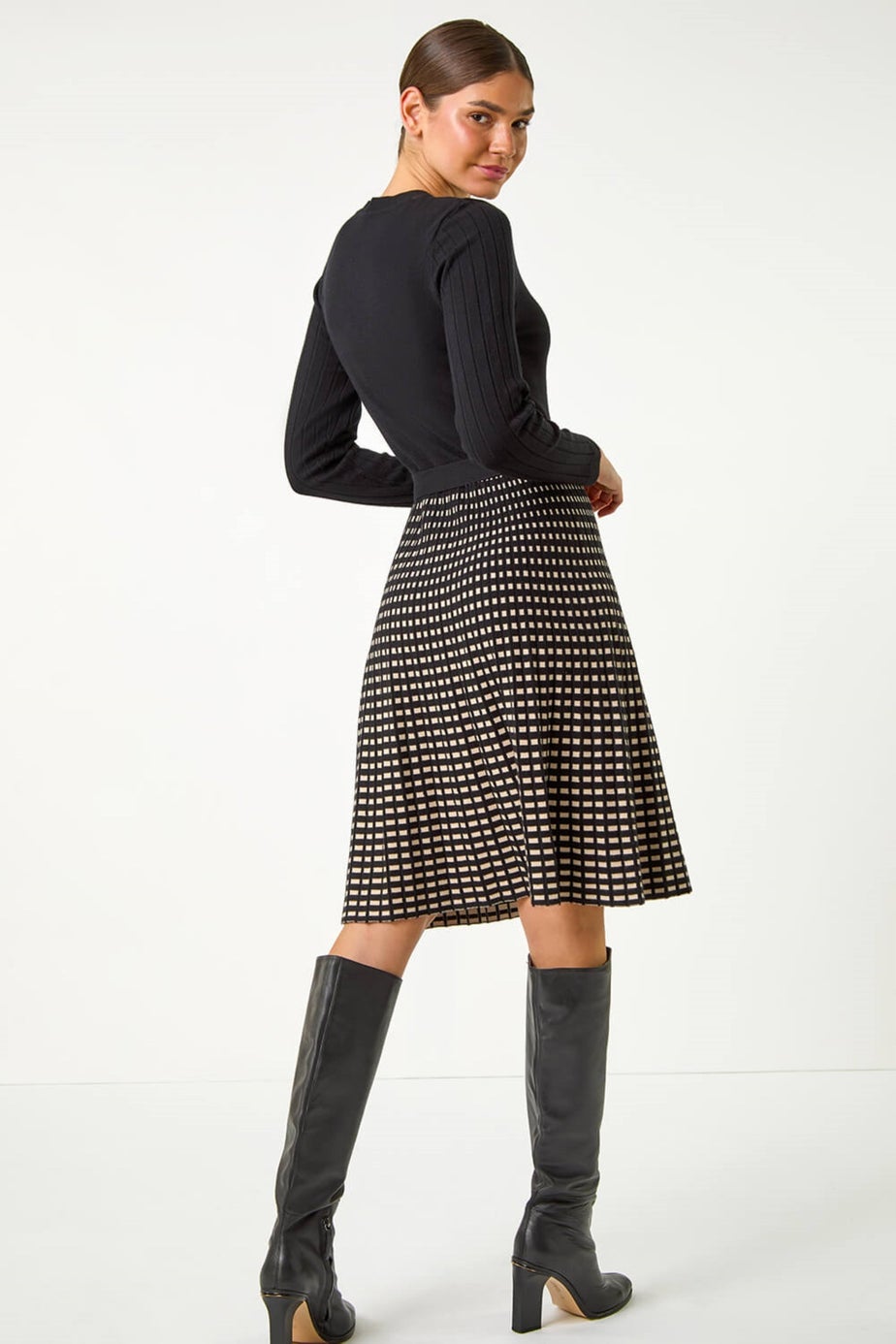 Roman Black Check Print Belted Jumper Dress
