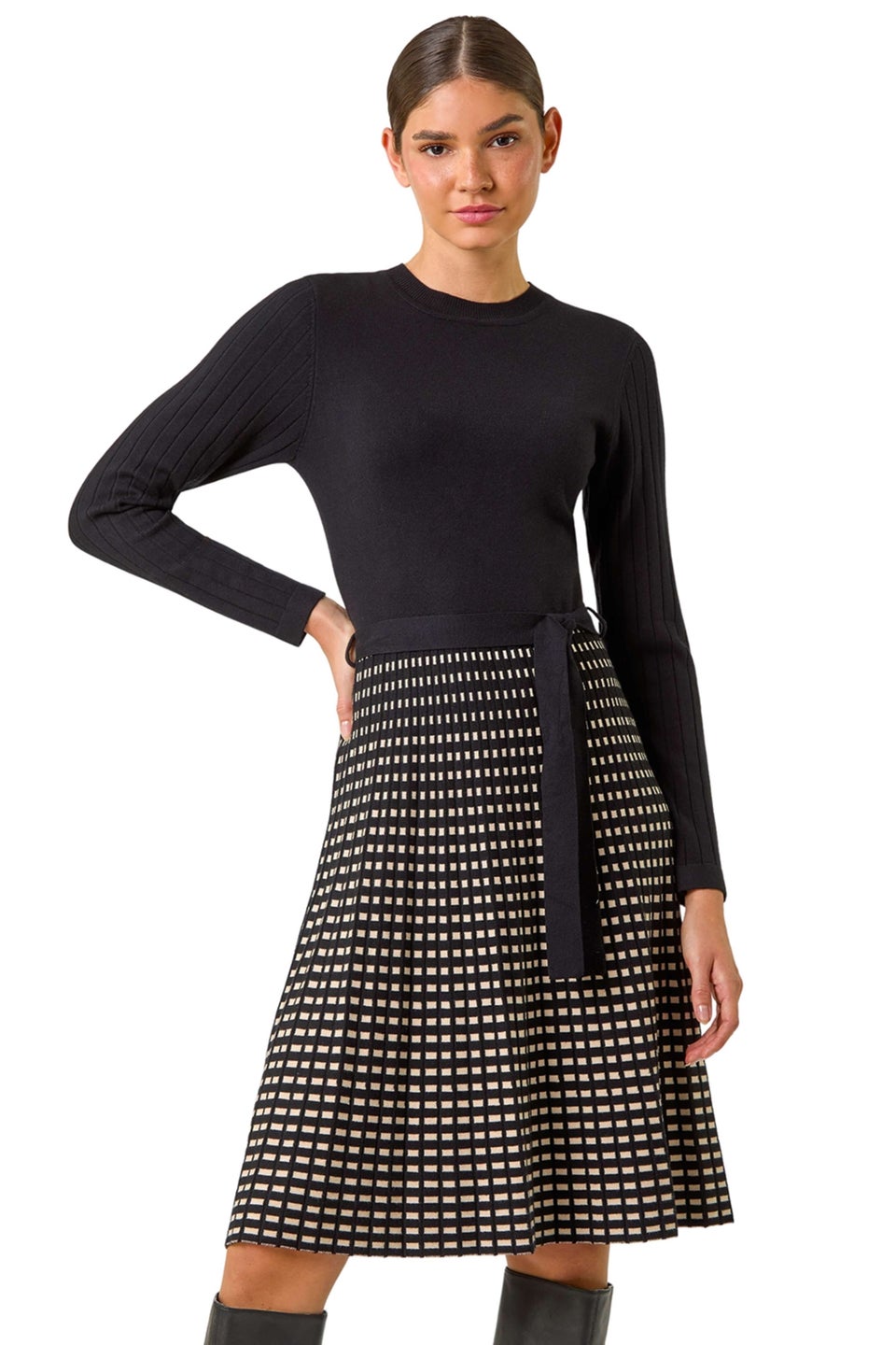 Roman Black Check Print Belted Jumper Dress
